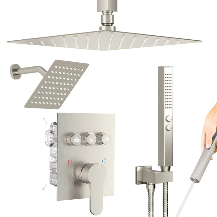 STARBATH 12+6 Inch Dual Shower Head System with Two Function Wand Brushed Nickel (Push Button)