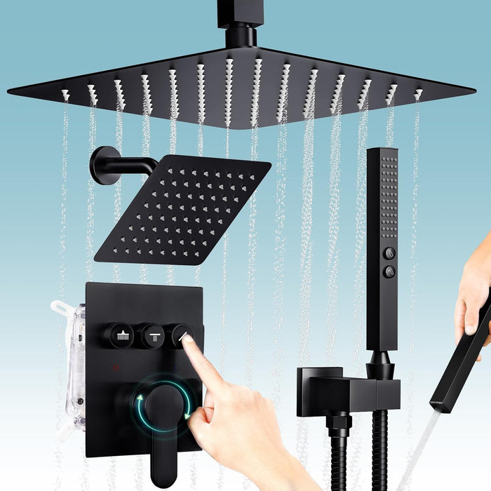 STARBATH Pressure Balance Shower System (12+8 Inch) with Two Function Wand Black