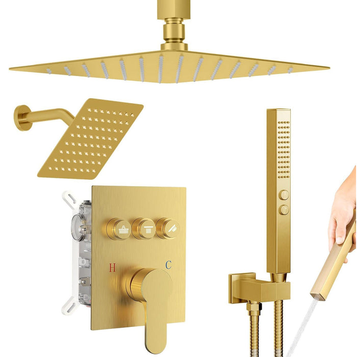 STARBATH 12+6 Inch Dual Shower Head System with Two Function Wand Gold (Push Button)