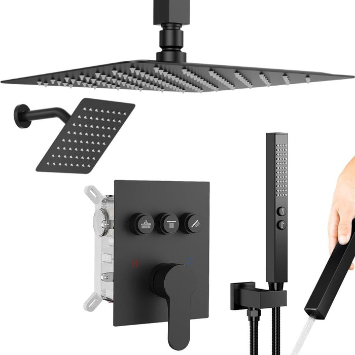 STARBATH 12+6 Inch Dual Shower Head System with Two Function Wand Matte Black (Push Button)