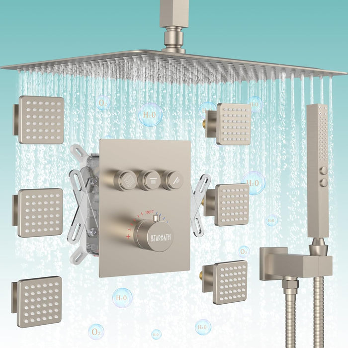 STARBATH 16 Inch Ceilling Mounted Thermostatic Shower System with 6 Body Jet Push Button Brushed Nickel