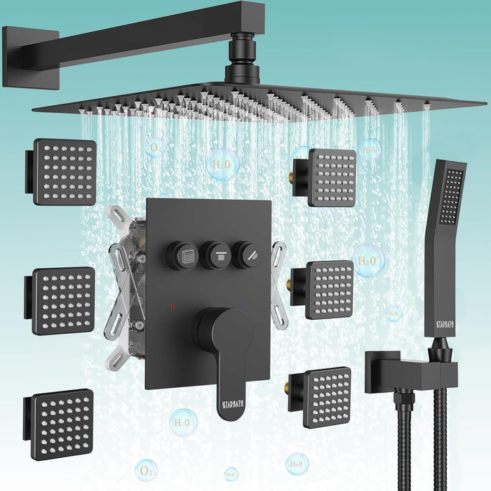 STARBATH 16" Wall Mount Shower System with 3" Body Jets Matte Black