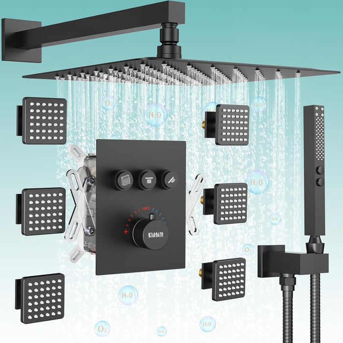 STARBATH 16 Inch Wall Mounted Thermostatic Shower System with 6 Body Jet Push Button Matte Black