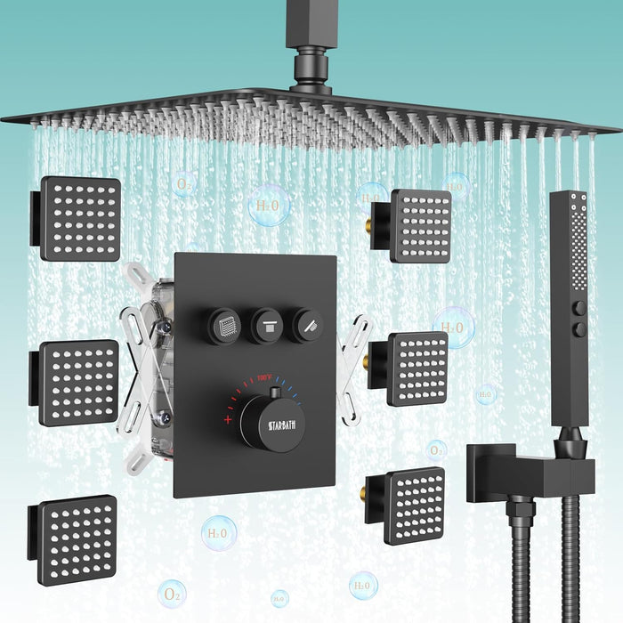 STARBATH 16 Inch Ceiling Mounted Thermostatic Shower System with 6 Body Jet Push Button Matte Black