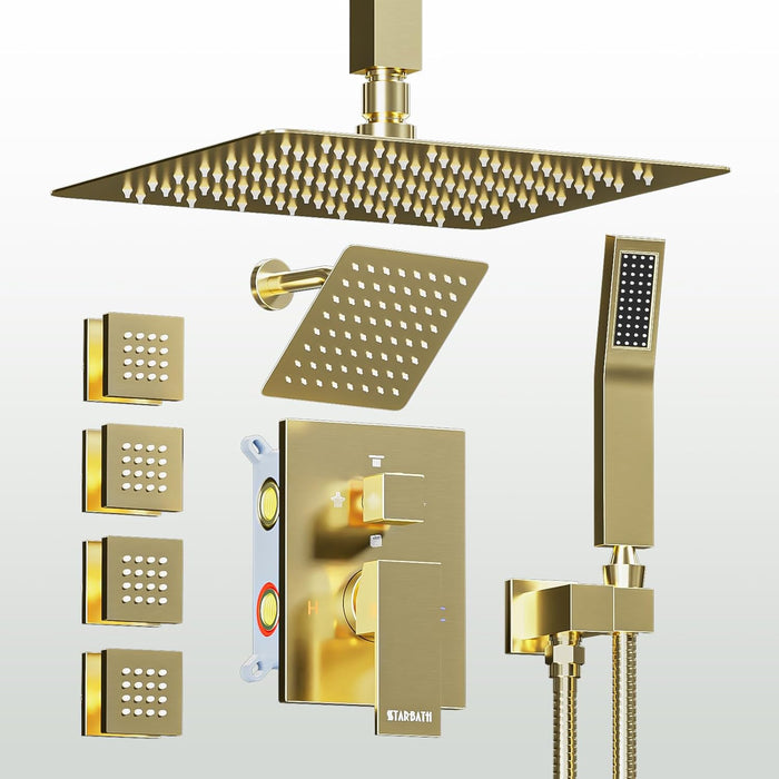 STARBATH Dual Shower Heads (12+6 Inch) Shower System 4 Function Gold