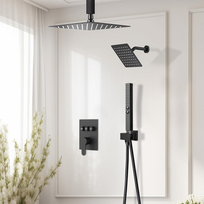 STARBATH 12+6 Inch Dual Shower Head System with Two Function Wand Matte Black (Push Button)