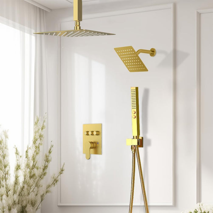 STARBATH 12+6 Inch Dual Shower Head System with Two Function Wand Gold (Push Button)