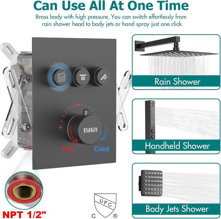 STARBATH 16 Inch Wall Mounted Thermostatic Shower System with 6 Body Jet Push Button Matte Black