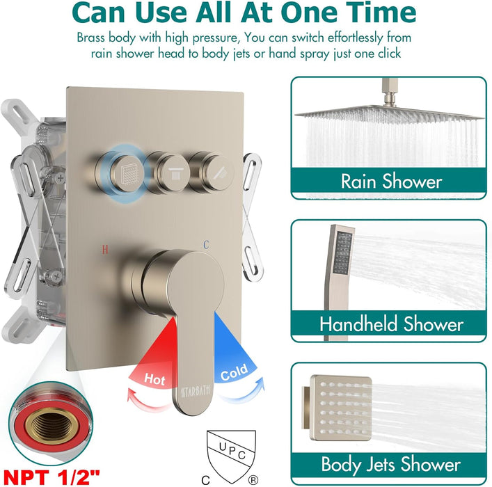 STARBATH 16" Ceiling Mount Shower System with 3" Body Jets Brushed Nickel