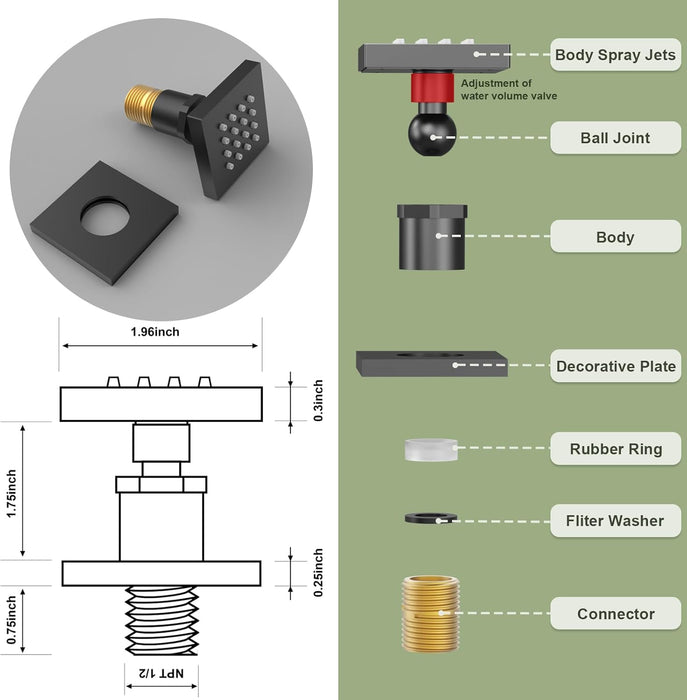 STARBATH 2" Shower Body Jets Adjustable Flow with On Off