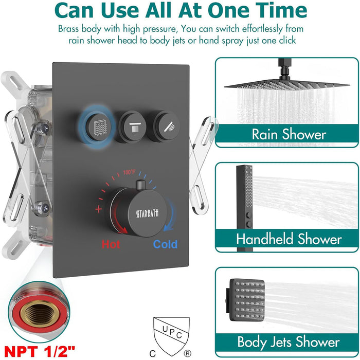 STARBATH 16 Inch Ceiling Mounted Thermostatic Shower System with 6 Body Jet Push Button Matte Black