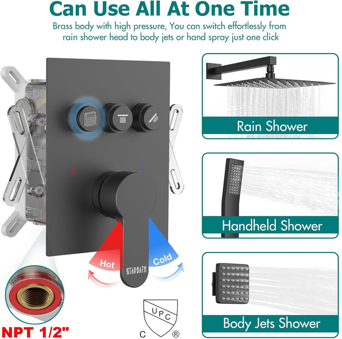 STARBATH 16" Wall Mount Shower System with 3" Body Jets Matte Black