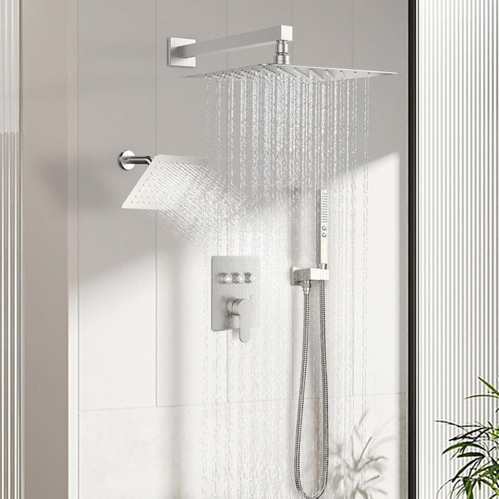 STARBATH Pressure Balance Shower System (12+6 Inch) with Two Function Wand Brushed Nickel