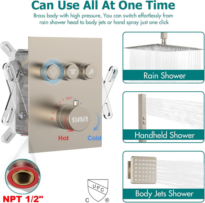 STARBATH 16 Inch Ceilling Mounted Thermostatic Shower System with 6 Body Jet Push Button Brushed Nickel