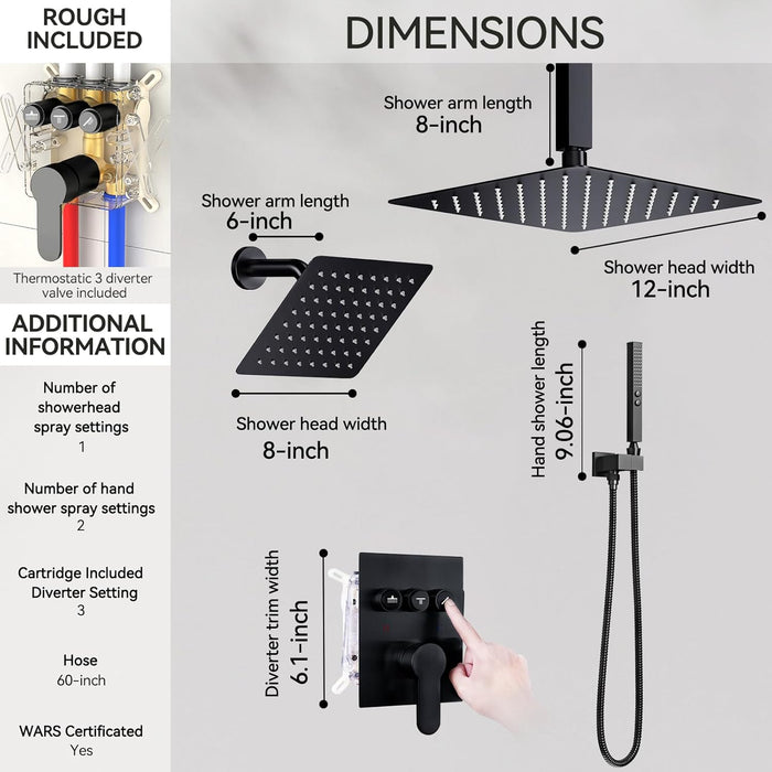 STARBATH Pressure Balance Shower System (12+8 Inch) with Two Function Wand Black