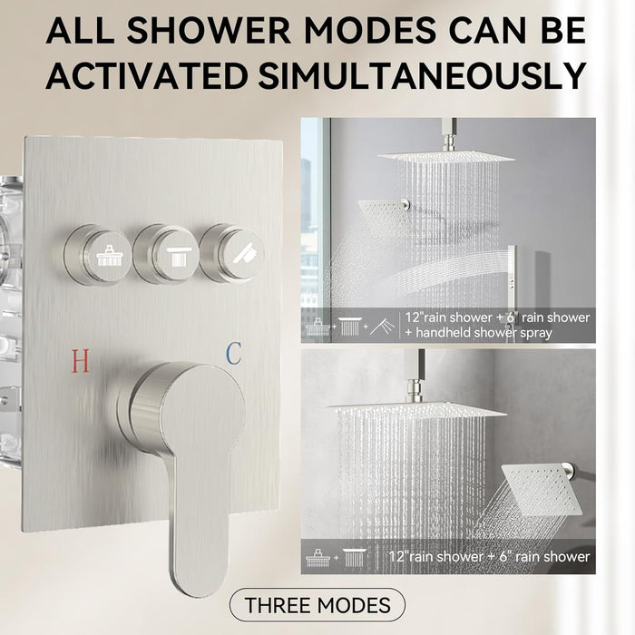 STARBATH 12+6 Inch Dual Shower Head System with Two Function Wand Brushed Nickel (Push Button)