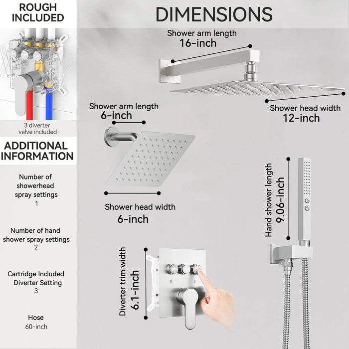 STARBATH Pressure Balance Shower System (12+6 Inch) with Two Function Wand Brushed Nickel