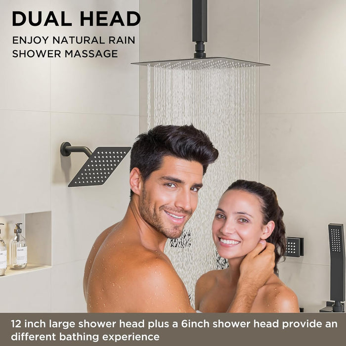 STARBATH Dual Shower Heads (12+6 Inch) Shower System 4 Function Matte Black