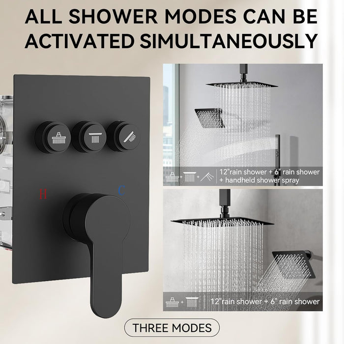 STARBATH 12+6 Inch Dual Shower Head System with Two Function Wand Matte Black (Push Button)