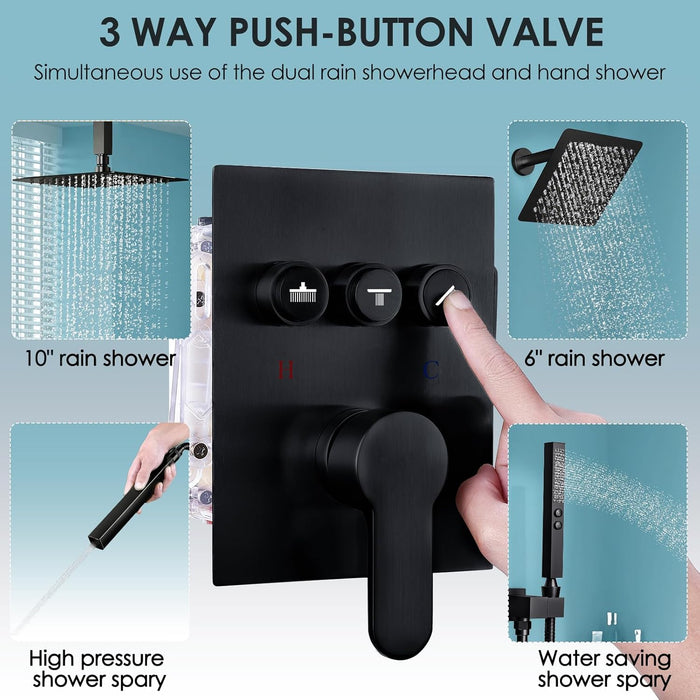 STARBATH 10+6 Inch Dual Shower Head System with Two Function Wand Matte Black (Push Button)