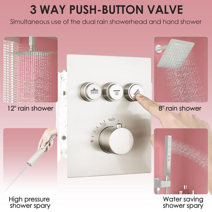 STARBATH Thermostatic Shower System (12+8 Inch) with Two Function Wand Brushed Nickel