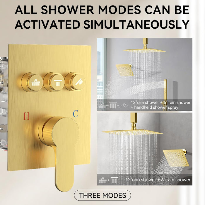 STARBATH 12+6 Inch Dual Shower Head System with Two Function Wand Gold (Push Button)