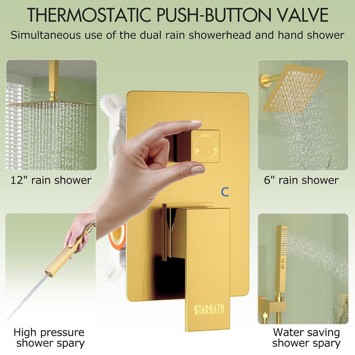 STARBATH 12+6 Inch Dual Shower Head System with Two Function Handheld Shower Head Gold