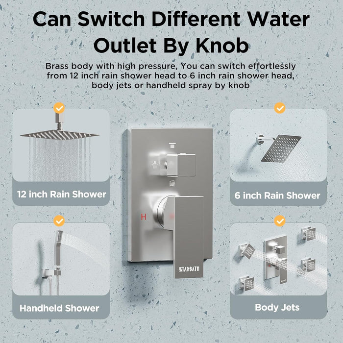STARBATH Dual Shower Heads (12+6 Inch) Shower System 4 Function (Brushed Nickel)