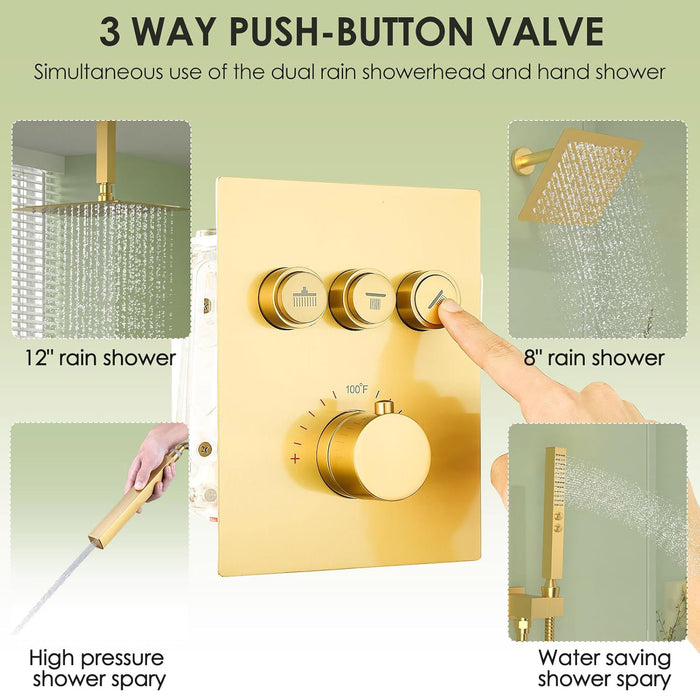 STARBATH Thermostatic Shower System (12+8 Inch) with Two Function Wand Gold