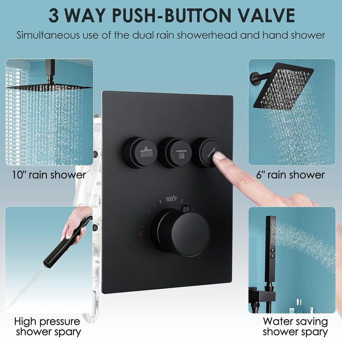 STARBATH Thermostatic Shower System (10+6 Inch) with Two Function Wand Matte Black