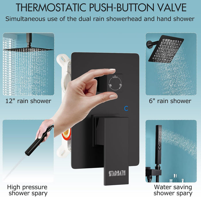 STARBATH 12+6 Inch Dual Shower Head System with Two Function Handheld Shower Head Matte Black