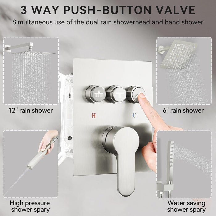 STARBATH Pressure Balance Shower System (12+6 Inch) with Two Function Wand Brushed Nickel