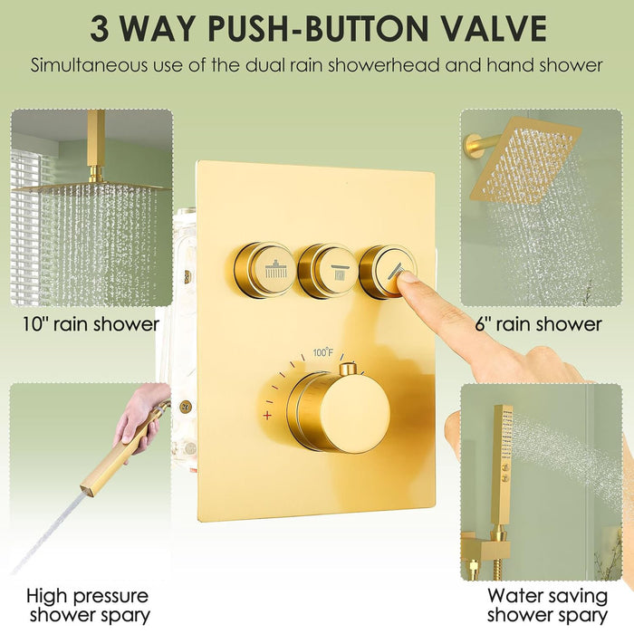 STARBATH Thermostatic Shower System (10+6 Inch) with Two Function Wand Gold