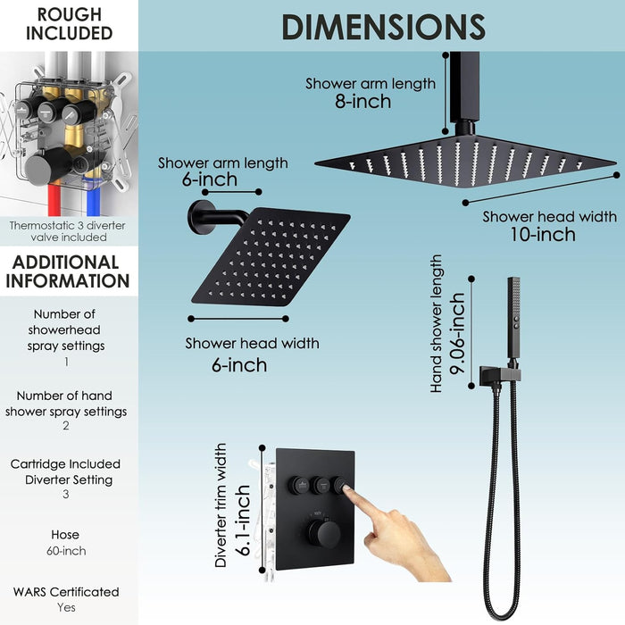 STARBATH Thermostatic Shower System (10+6 Inch) with Two Function Wand Matte Black