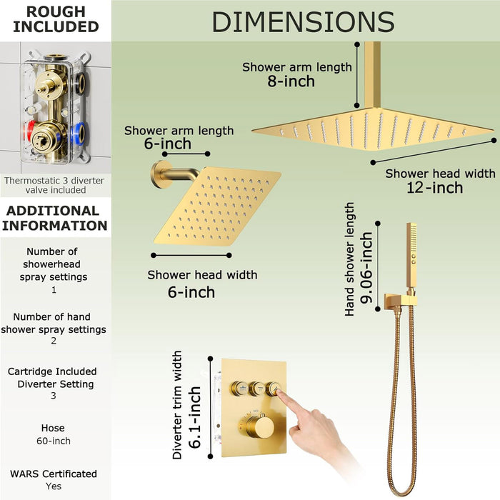 STARBATH 12+6 Inch Dual Shower Head System with Two Function Handheld Shower Head Gold