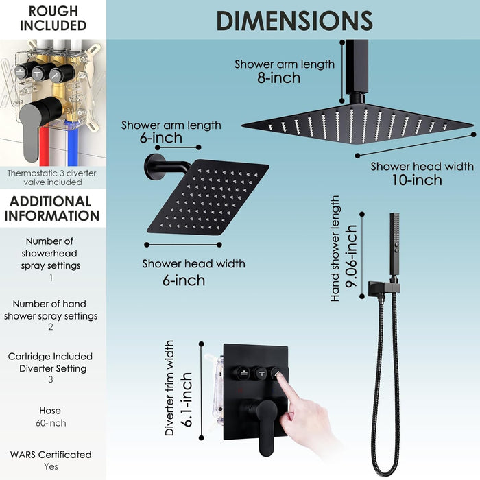 STARBATH 10+6 Inch Dual Shower Head System with Two Function Wand Matte Black (Push Button)