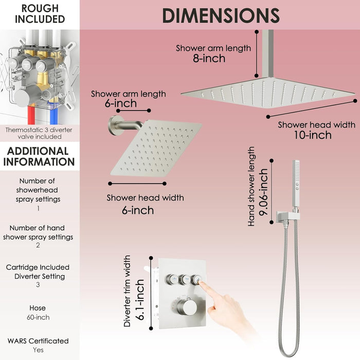 STARBATH Thermostatic Shower System (10+6 Inch) with Two Function Wand Brushed Nickel