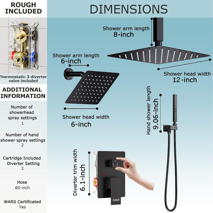 STARBATH 12+6 Inch Dual Shower Head System with Two Function Handheld Shower Head Matte Black