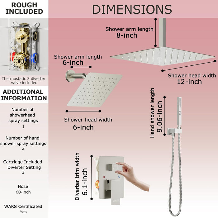 STARBATH 12+6 Inch Dual Shower Head System with Two Function Handheld Shower Head Brushed Nickel