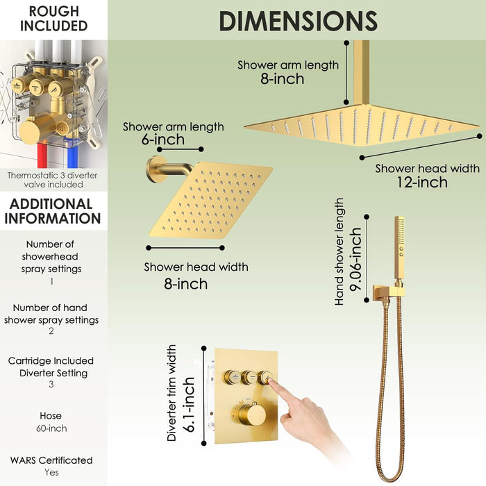 STARBATH Thermostatic Shower System (12+8 Inch) with Two Function Wand Gold