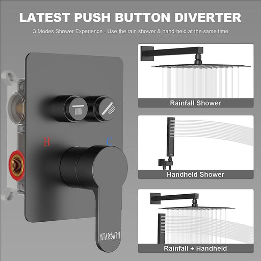 STARBATH Shower System Two Function Push Button Wall Mounted Matte Black - STARBATH