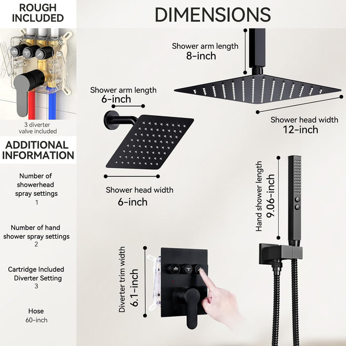 STARBATH 12+6 Inch Dual Shower Head System with Two Function Wand Matte Black (Push Button)