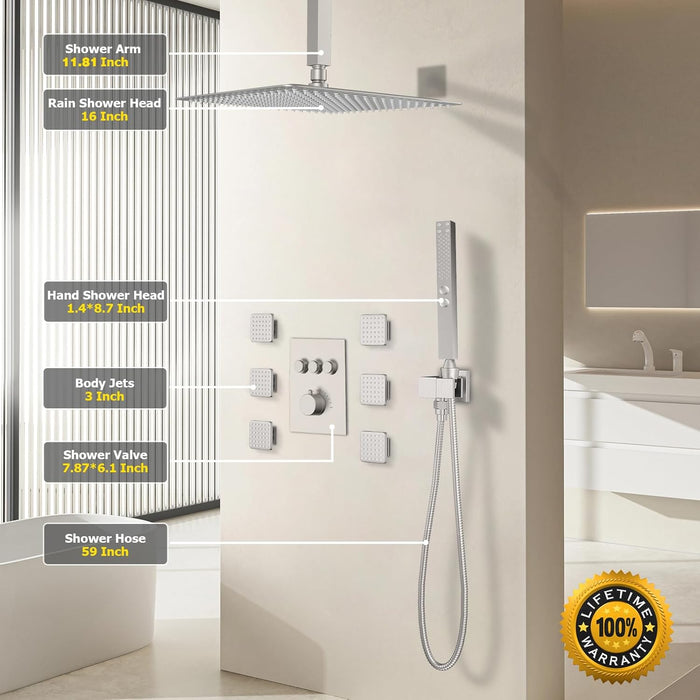 STARBATH 16 Inch Ceilling Mounted Thermostatic Shower System with 6 Body Jet Push Button Brushed Nickel