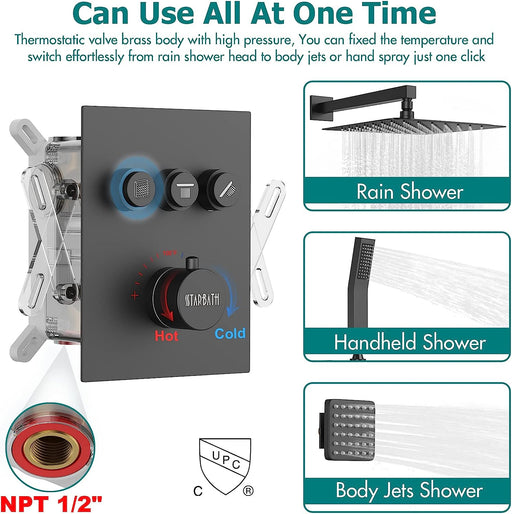 STARBATH Wall Mounted Thermostatic Shower System with 6 Body Jet Push Button Matte Black - STARBATH