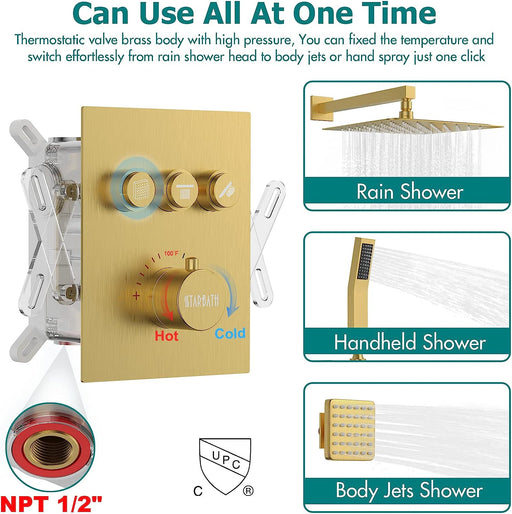 STARBATH Wall Mounted Thermostatic Shower System With 4 Body Jets Gold - STARBATH