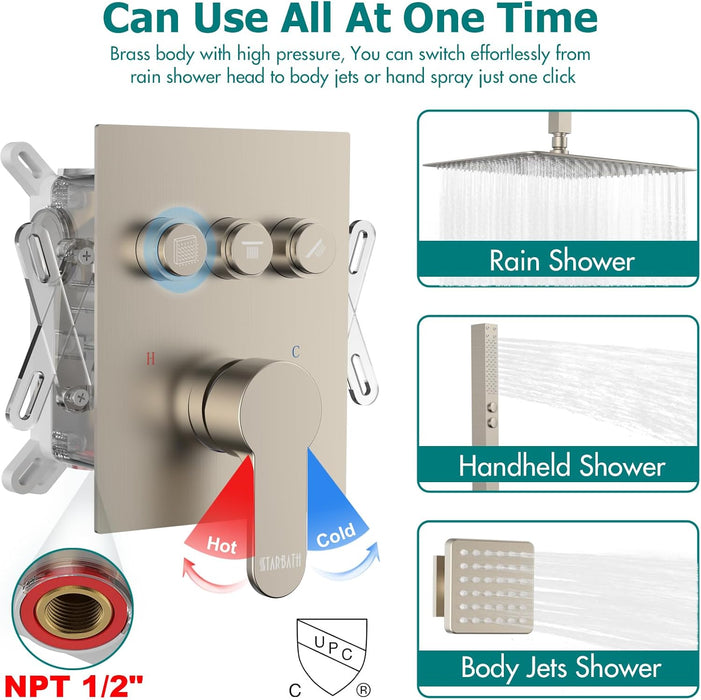 STARBATH 16" Ceiling Mount Shower System with 3" Body Jets Brushed Nickel - STARBATH