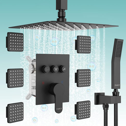 STARBATH Ceiling Mounted Shower System with 6 Body Jet Push Button Matte Black - STARBATH