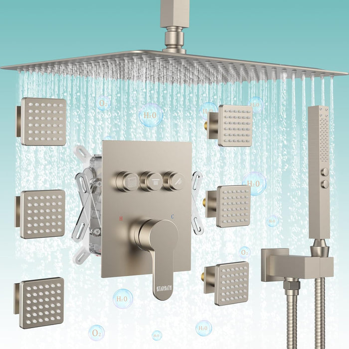 STARBATH 16" Ceiling Mount Shower System with 3" Body Jets Brushed Nickel - STARBATH