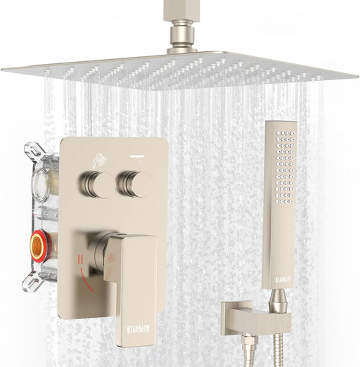 STARBATH Shower System Two Function Push Button Ceiling Mount Brushed Nickel - STARBATH