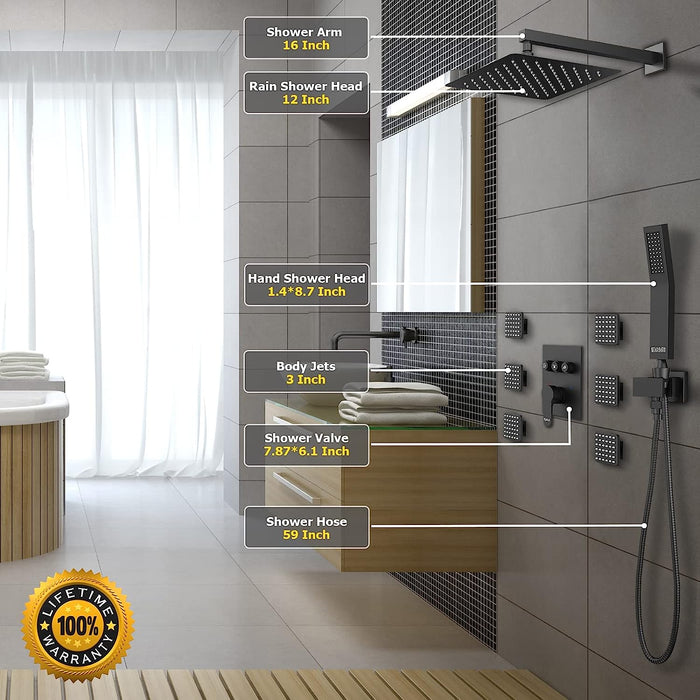 STARBATH Wall Mounted Shower System with 6 Body Jet Push Button Matte Black - STARBATH